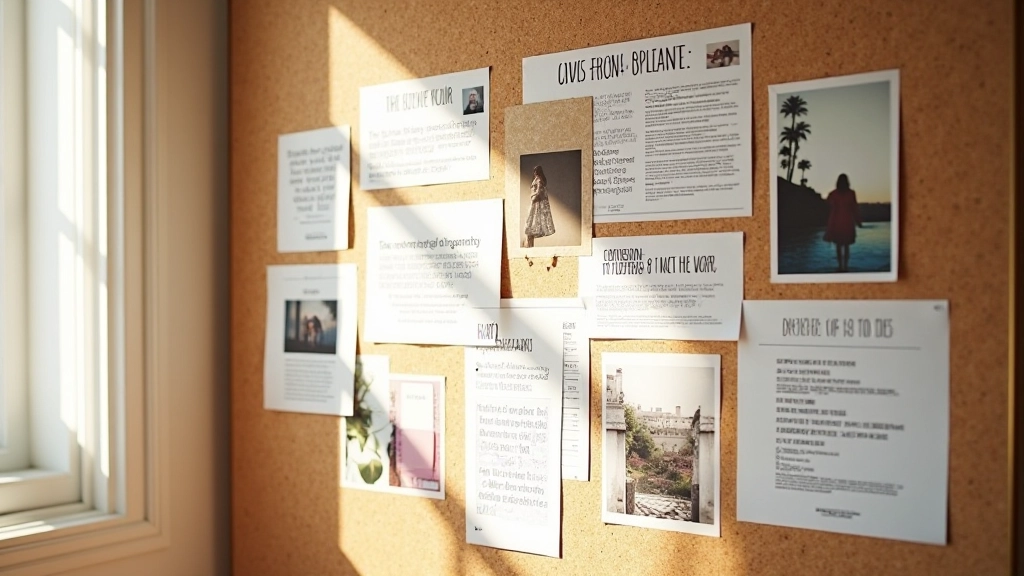 Painel de vision board com imagens, palavras-chave e inspirações coladas organicamente