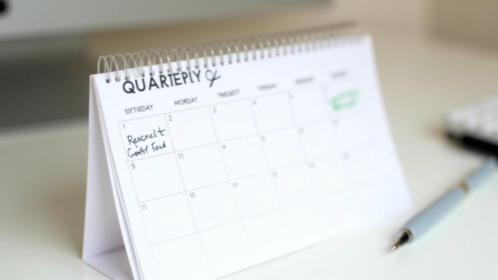 Calendário trimestral com anotações de progresso, métricas e reflexões pessoais