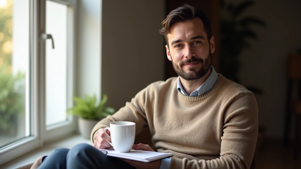 Pessoa em reflexão tranquila, em ambiente aconchegante, com xícara de café e caderno aberto