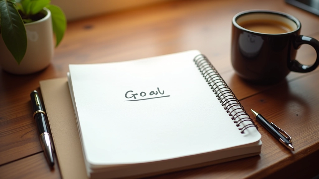 Caderno aberto com caneta e xícara de café sobre mesa de trabalho, com notas e planejamento visível