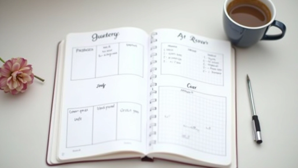 Caderno de revisão trimestral com gráficos de progresso