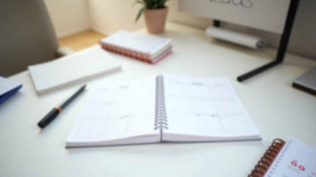 Calendário trimestral aberto em mesa de escritório com anotações, planejador visual e objetivos marcados, iluminação clara e profissional