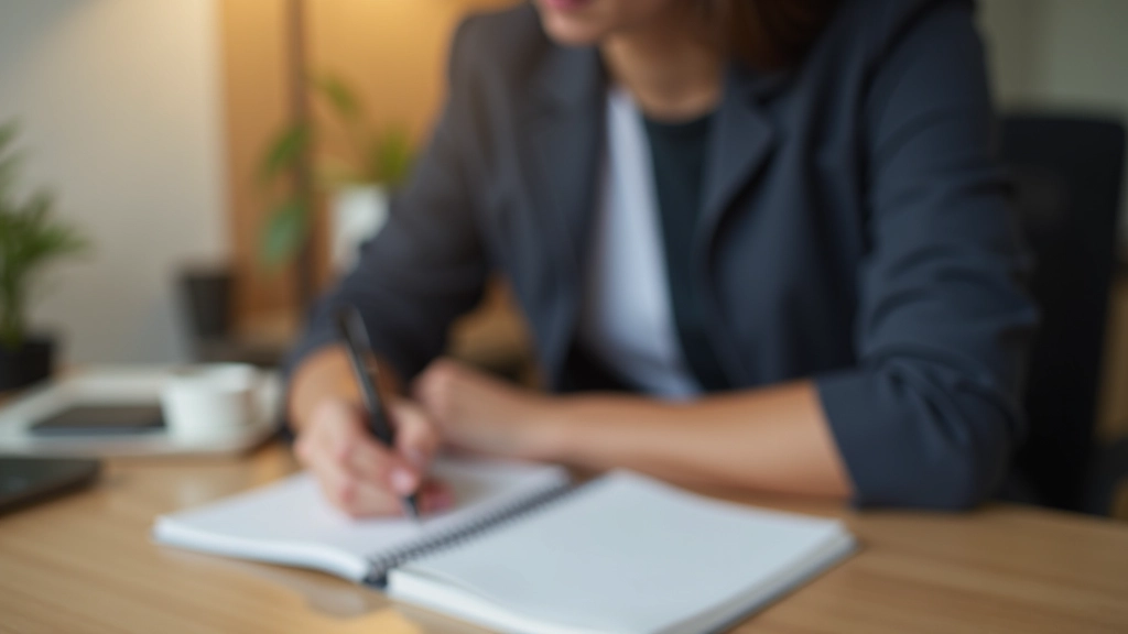 Mão escrevendo em um caderno com gráficos de progresso trimestral e anotações de planejamento