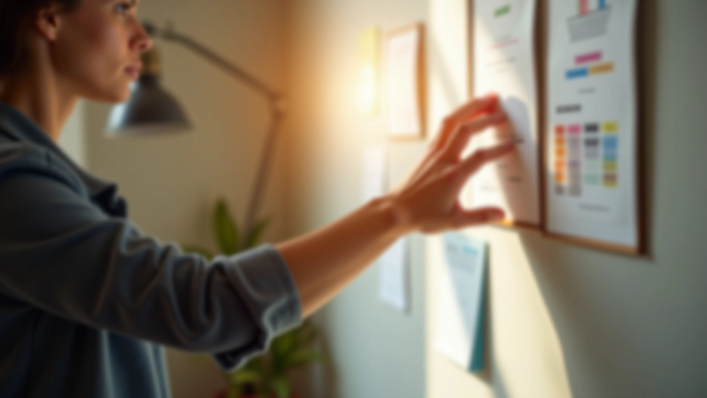 Mão de pessoa segurando caneta perto de quadro de visão na parede, ambiente de home office iluminado naturalmente, foco na organização criativa