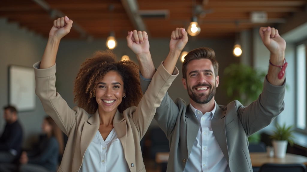 Grupo de pessoas celebrando sucesso coletivo, levantando mãos em vitória