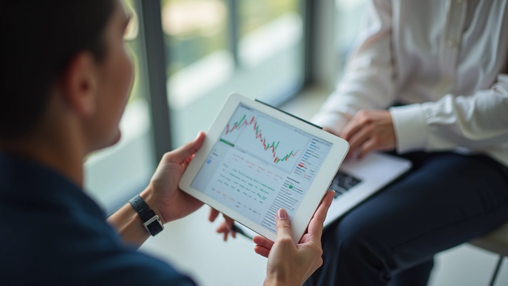 Duas pessoas em conversa produtiva, uma segurando um tablet com gráficos de progresso