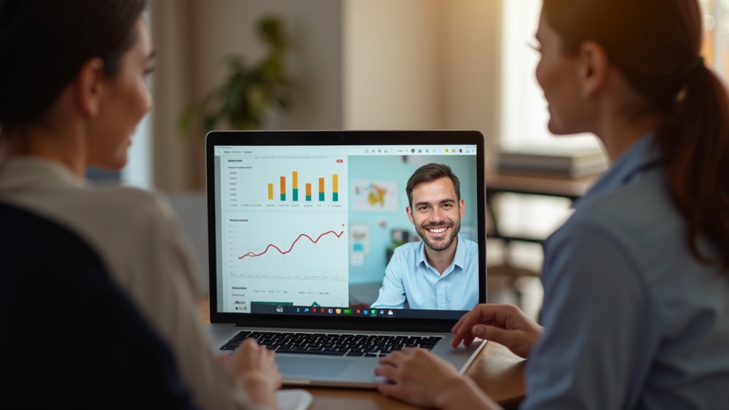 Pessoas em videoconferência realizando check-in de progresso com gráficos visíveis na tela