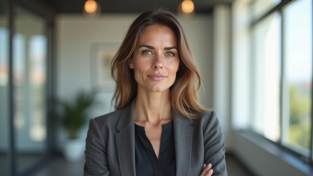 Mulher profissional, vista do peito para cima, em ambiente de escritório moderno com visão concentrada, iluminação natural clara, fundo desfocado, sem texto ou marcas d'água